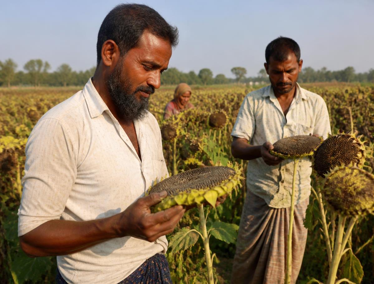 Farmers inspecting harvested sunflower heads in a field