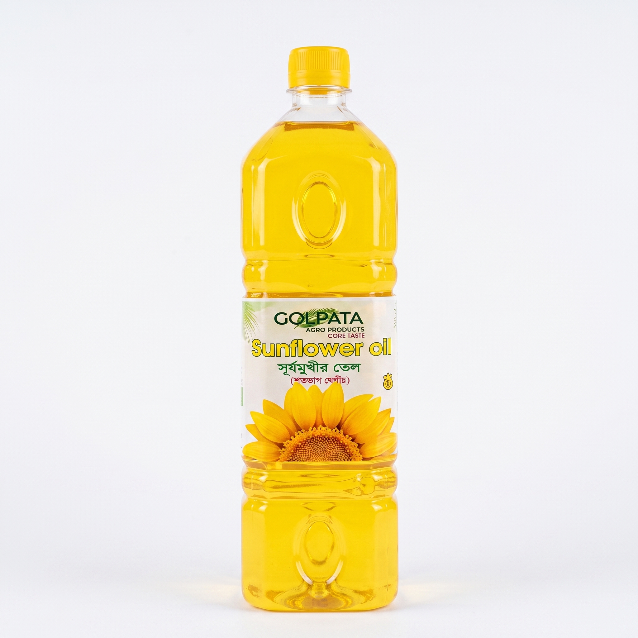 Golpata Agro sunflower oil in a labelled one-litre bottle